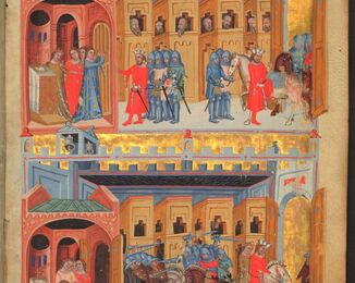 Folio 3r: Břetislav arrives with his retinue at the monastery in Schweinfurt to abduct Judith. <br />  He seizes her and engages in combat with the lay brothers of the monastery.