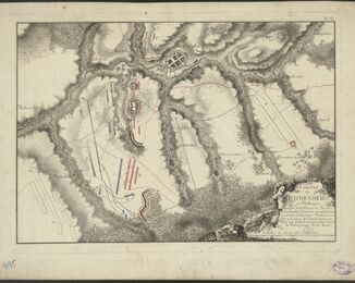 Combat de REICHENBERG, en Bohéme …, Sine loco – sine nomine, po roce 1757. Vojenská mapa z 2. poloviny 18. století s názvem „Combat de Reichenberg, en Bohéme …“ zobrazující bitvu u severočeského města Liberce a znázorňující její vojenské operace. Bitva u Liberce se odehrála 21. dubna 1757 v rámci bojů sedmileté války. V této bitvě bojovalo pruské vojsko pod vedením vévody Augusta Wilhelma von Braunschweig-Beverna s rakouskými oddíly vedenými hrabětem Christianem Moritzem von Königsegg-Rothenfelsem. Nakonec u Liberce zvítězili Prusové. Mapa zobrazuje miniaturu města Liberce, pod níž je území, na kterém bitva proběhla, a které je na této mapě vyplněno modrými a červenými značkami, symbolizujícími rakouská a pruská vojska. NK ČR, sign. 62 B 15
