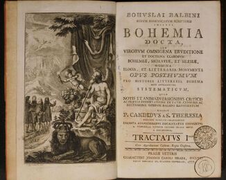 Bohuslai Balbini Bohemia docta. Praha, 1777. O českých kulturních dějinách a literární historii pojednává dílo českého jezuity, historika, pedagoga a vlastence Bohuslava Balbína (1621-1688) Bohemia docta, vydané téměř sto let po Balbínově smrti v roce 1776. Frontispis zobrazuje českého lva s korunou a pod závěsem sedícího Chronose. V pozadí je chrám obklopený zástupem. Podle kresby Jana Tomáše Kleinharda (1742-1794) vyryl tuto úvodní ilustraci Jan Jiří Balzer (1736-1799). NK ČR, sign. G V 53. Frontispis a titulní list