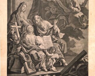 [Teze - Svatá rodina]. -- [Augsburg] : G. P. et Christ. Rugendas Pater et Filius, [mezi 1726 a 1750]<br />  Teze s vyobrazením Svaté rodiny, signováno: Iohann Lorenz Heidt inv. G. P. et Christ. Rugendas Pater et Filius sculp. et exc. Aug. Vind.. Velikost obrazu: 84,5x60,5 cm.. Jedná se o tzv. konfekční tezi - teze na sklad s prázdnou (nevyplněnou) nápisovou kartuší u dolního okraje. NK ČR, sign. Th. 527