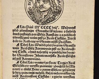Kronyka o Založenij Zemie Cžeske … Praha : [Pavel Severýn z Kapí Hory], 1539. Medailonový dřevořezový portrét krále Jiřího z Poděbrad (1420-1471) náležící do obrazové galerie českých panovníků v díle humatisty Martina Kuthena ze Šprinsberka (asi 1510-1564). NK ČR, sign. 54 D 19. Fol. R 1a