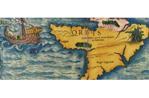 Výřez z ručně kolorovaná dřevořezová mapa Nového světa od Sebastiana Münstera, která byla poprvé vytištěna v roce 1540.