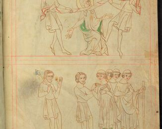 Velislavova Bible. 2. polovina padesátých let 14. století. Velislavova Bible patří mezi nejcennější rukopisy Národní knihovny ČR. Jedná se o typ &quot;biblia pauperum&quot;, tedy obrázkovou formu Bible. Někdy se jí pro velký počet obrazů a minimální text přezdívá středověký komiks. NK ČR, sign.  XXIII.C.124. Fol. 185r