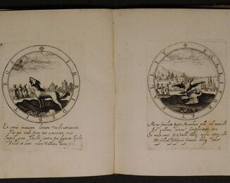 Emblemata pro toga et sago. Norimberk, asi 1690. Kniha emblémů Jacoba a Bruck-Angermundt (17. stol.). Emblém je umělecké dílo vzniklé spojením textu s obrazem. Zde kulaté medailony s mottem v opisu, uprostřed rytina s alegorickým znázorněním významu a pod emblémem latinský veršovaný výklad. NK ČR, sign. 10 H 129. Fol. 31v a 32r