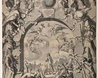 Vniversa Philosophia Quam pro suprema laurea publice propugnandam suscepit et Honori Praenobilis, Clarissimi, Consultissimi, Doctissimq; Domini Joannis Albini Domnish ab Hansdorf, AA.LL. et Philosophiae Magistri Syluarum Caesareo- Regiarum in Comitatu Glacensi Praefecti Vigilantissimi Domini Mecaenatis sui gratiosissimi dedicauit humilis servus Joannes Xauerius Heinisch AA.LL. et Phlice. Baccalaure; August: Imper: Ferdin: II Alumn. Eccl: ex Convictu S. Bartholomaei : In Alma Caesarea Regiamq[ue] Vniversitate Pragensi in Aula Carolina Praeside R. ac Doctissimo Patre Augustino Kaminko S.J. AA.LL. et Philosophiae Doctore ejusdem q; Professore ordinario Anno 1666 Mense ... Die ... / Johan: Frid. Hess. Ab Hessitz delin. 1666 ; Philip Kilian sculps.. -- [Augsburg] : [nakladatel není známý], 1666. -- 1 list : mědirytina ; 70x48,5 cm. Teze - Oslava Božího stvořitelského díla a lidského poznání. U horního okraje uprostřed žehnající Bůh, ke kterému z obou stran přistupují zástupy Ctností a vědní