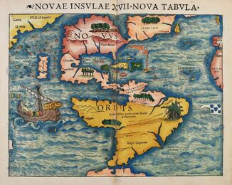 Klaudios Ptolemaios: Geographia Universalis, Vetus Et Nova, Complectens Claudii Ptolemaei Alexandrini Enarrationis Libros VIII. … (ed. Sebastian Münster), Basilej, Heinrich Petri, 1542. Ručně kolorovaná dřevořezová mapa Nového světa od Sebastiana Münstera, která byla poprvé vytištěna v roce 1540. Tento exemplář pochází až z roku 1542. Zakreslení celé Severní Ameriky je zde i v dobovém kontextu velmi nepřesné, kalifornský poloostrov chybí a zeleně kolorovaný Yucatán je zobrazen nesprávně jako ostrov. Nápis Temistitan označuje dnešní hlavní město Mexika, stromky napravo od něj symbolizují blíže nespecifikované pohoří. Zipangri, neboli Japonsko, je zobrazeno zvláště blízko k Mexiku. Na této mapě je historicky poprvé použit termín „Mare Pacificum“. U pravého okraje mapy portugalská vlajka.  NK ČR, sign. 5 H 31 